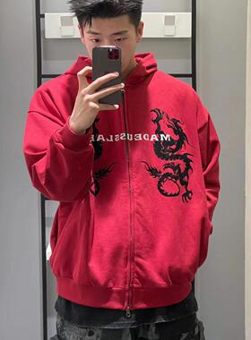本命年龙年红色连帽卫衣外套女设计感小众春季美式长袖休闲上衣潮