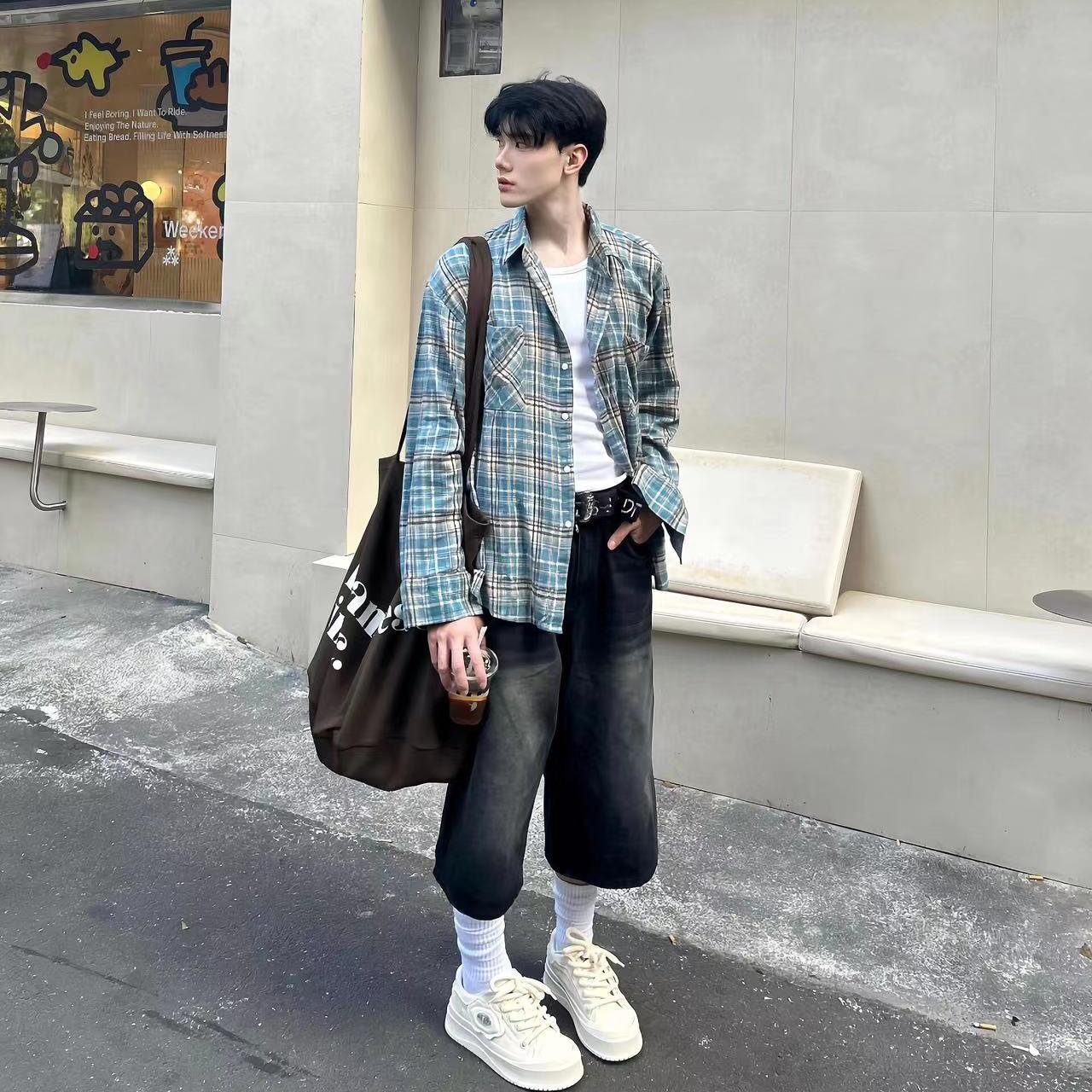 cleanfit蓝色格子衬衫男