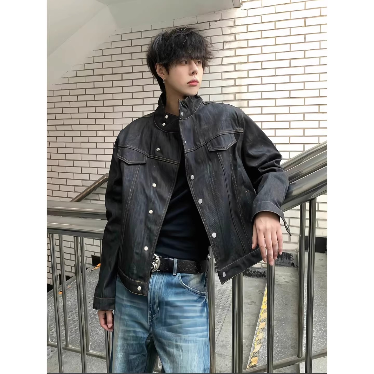 黑色原牛立领牛仔外套男春季美式