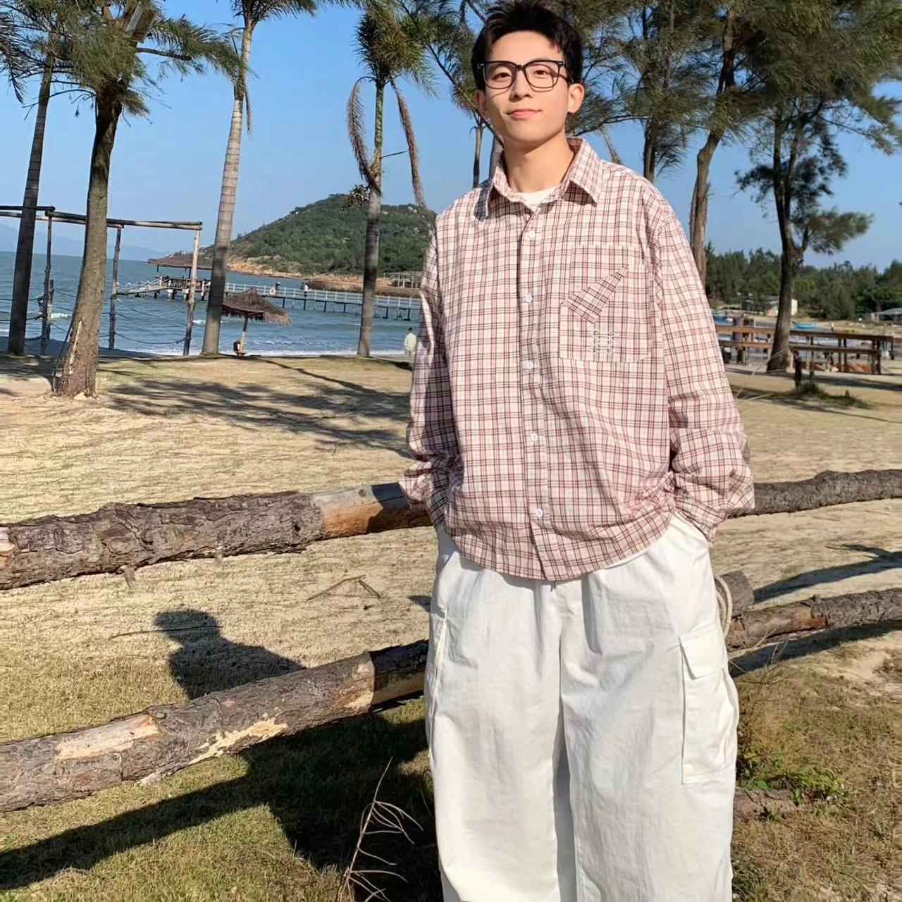 春秋季美式复古格子衬衫男女