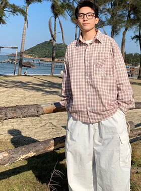 春秋季美式复古格子衬衫男女