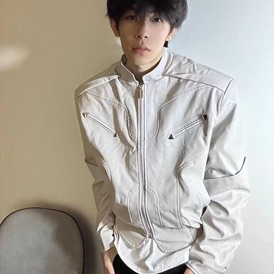 短款垫肩皮衣外套男秋冬vibe风男生白色美式飞行员夹克痞帅机车服