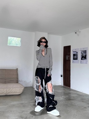 美式hiphop牛仔裤女韩版夏季复古高街破洞乞丐裤痞帅炸街直筒裤子
