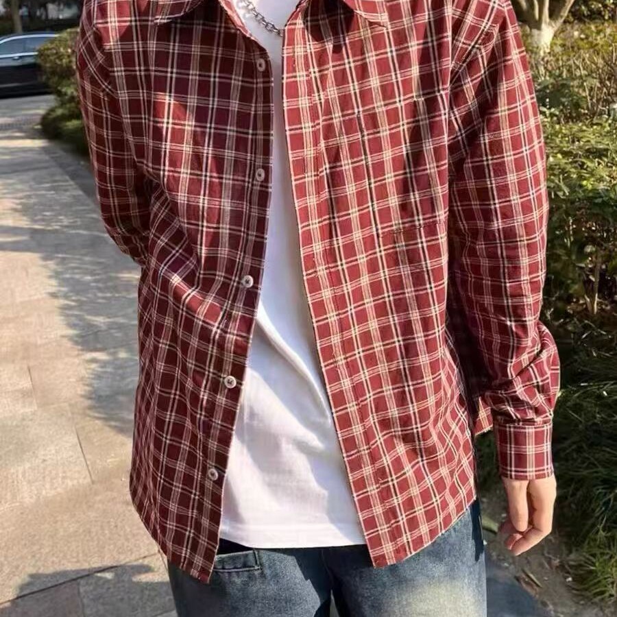 美式复古红色格子衬衫外套男女