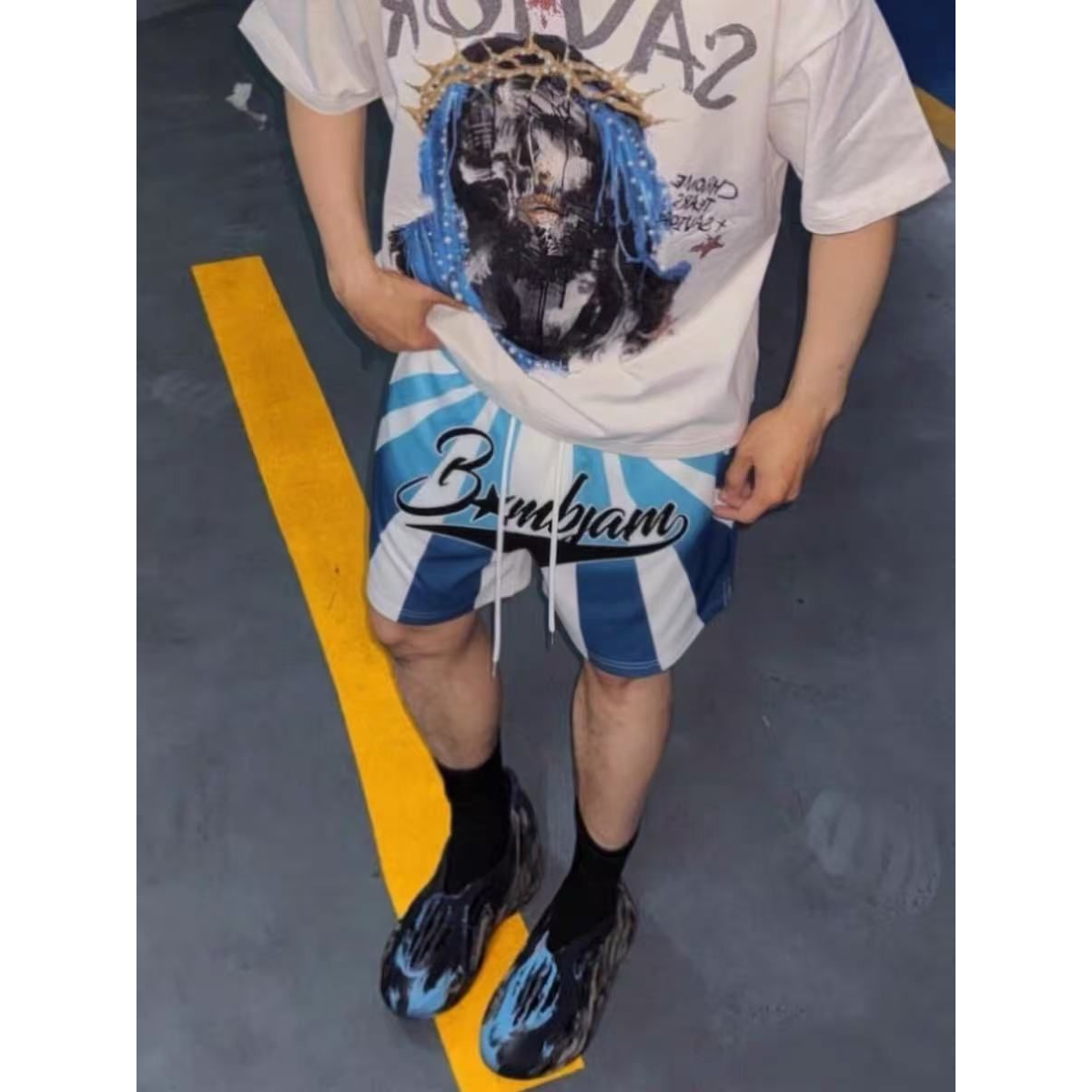 美式渐变蓝白条纹篮球短裤男