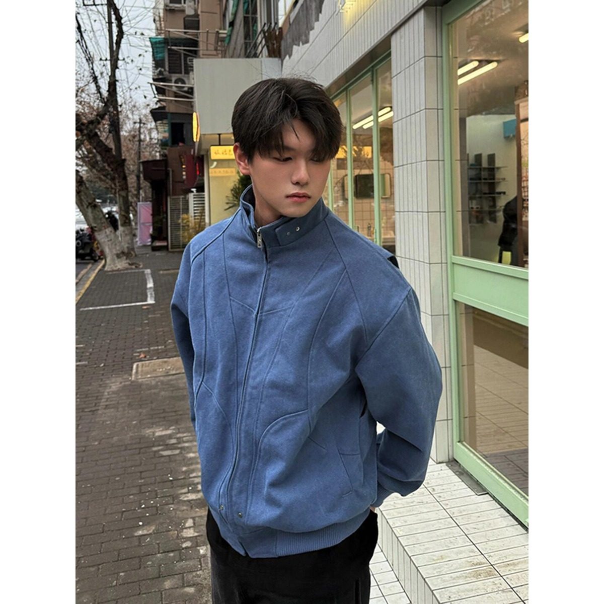 美式复古蓝色工装夹克男款春秋外套高级感痞帅廓形立领短款棒球服