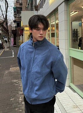 美式复古蓝色工装夹克男款春秋外套高级感痞帅廓形立领短款棒球服