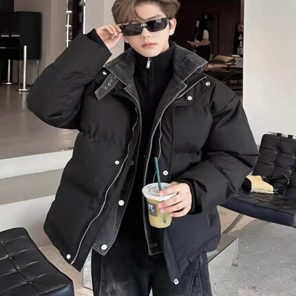 牛仔拼接羽绒棉服男款冬季假两件棉衣韩版潮流宽松面包服痞帅外套