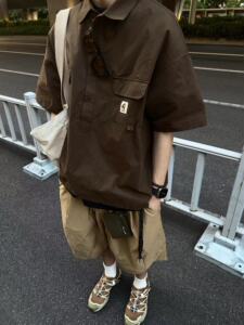 美式polo衫2024夏季新款休闲日系工装户外风衬衣宽松短袖衬衫男