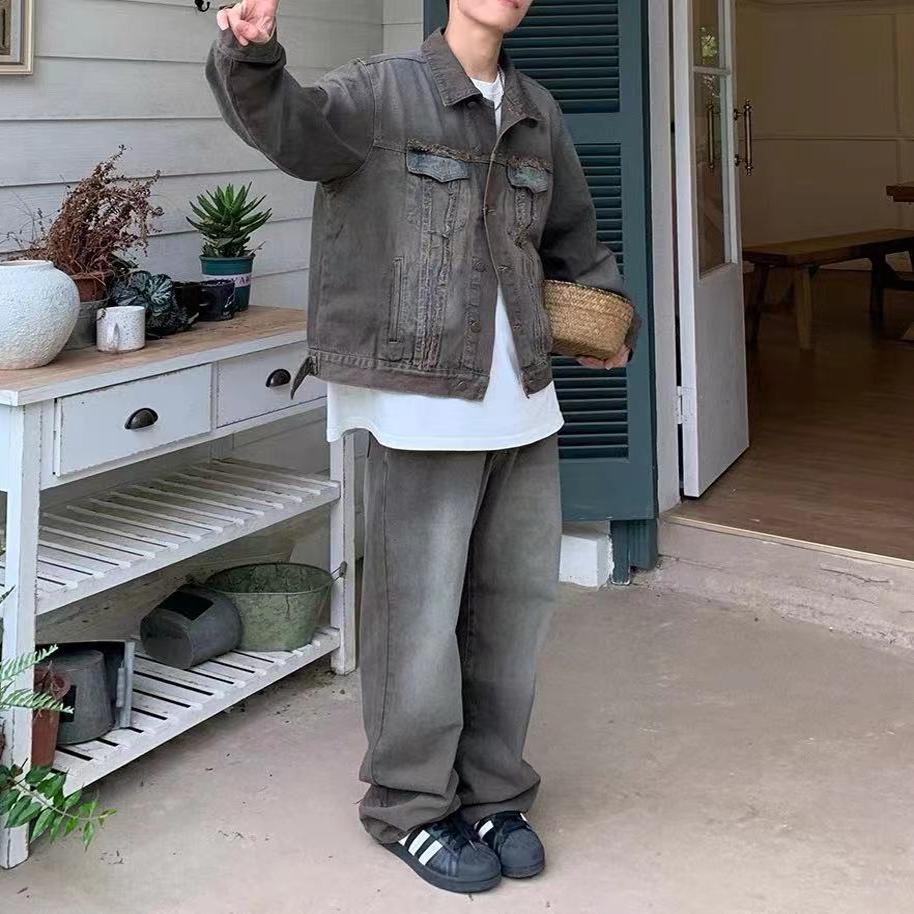 做旧牛仔裤短款牛仔夹克套装男
