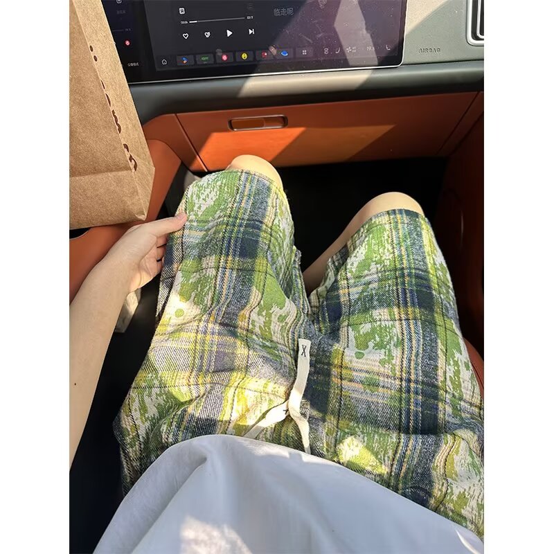 美式vintage扎染绿色短裤男