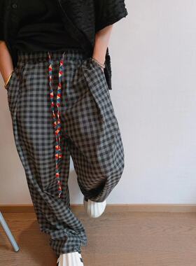 美式复古cleanfit复古彩色飘带格子休闲裤男夏季薄款bf慵懒阔腿裤