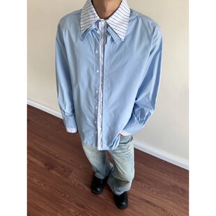 白色假两件长袖衬衫男秋季痞帅高级感条纹衬衣松弛感防晒休闲外套