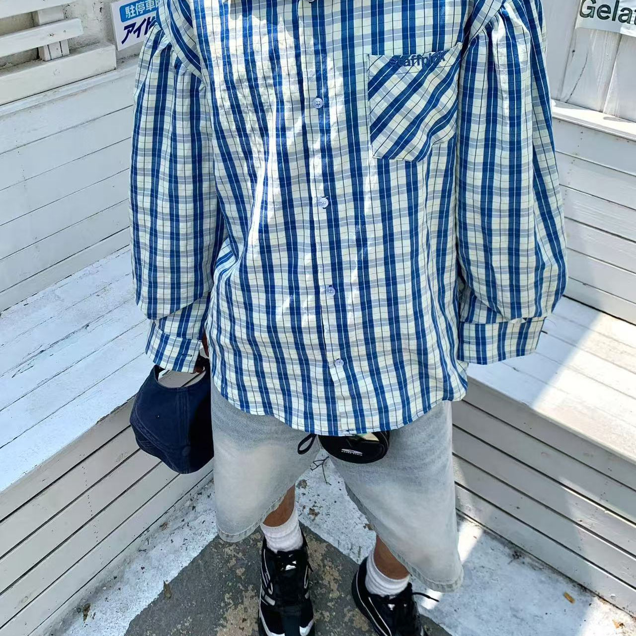 夏季冰凉感蓝白格子长袖衬衫男女