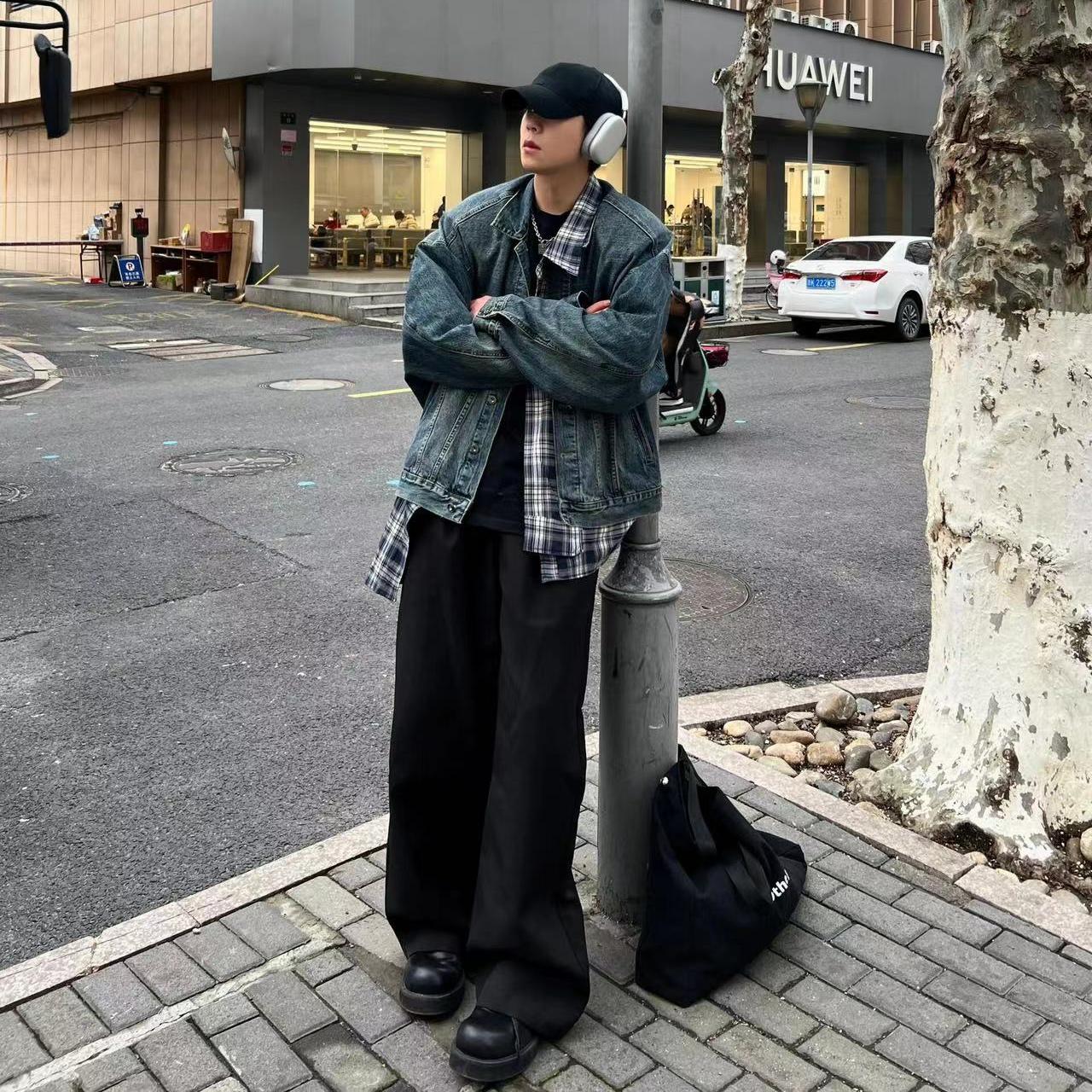 格子不规则拼接假两件牛仔外套