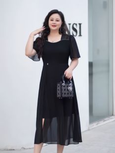 大码 雪纺连衣裙女2024新款 黑色高级感收腰显瘦洋气质遮肚子 夏季