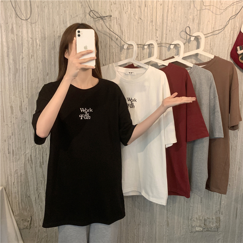 Five color loose medium length letter embroidered short sleeve T-shirt