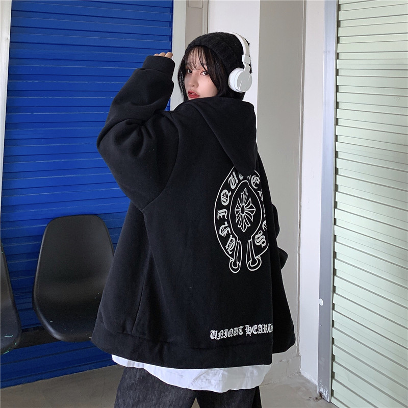 實拍 原宿BF風寬鬆加絨加厚拉鏈衛衣開衫學生外套潮