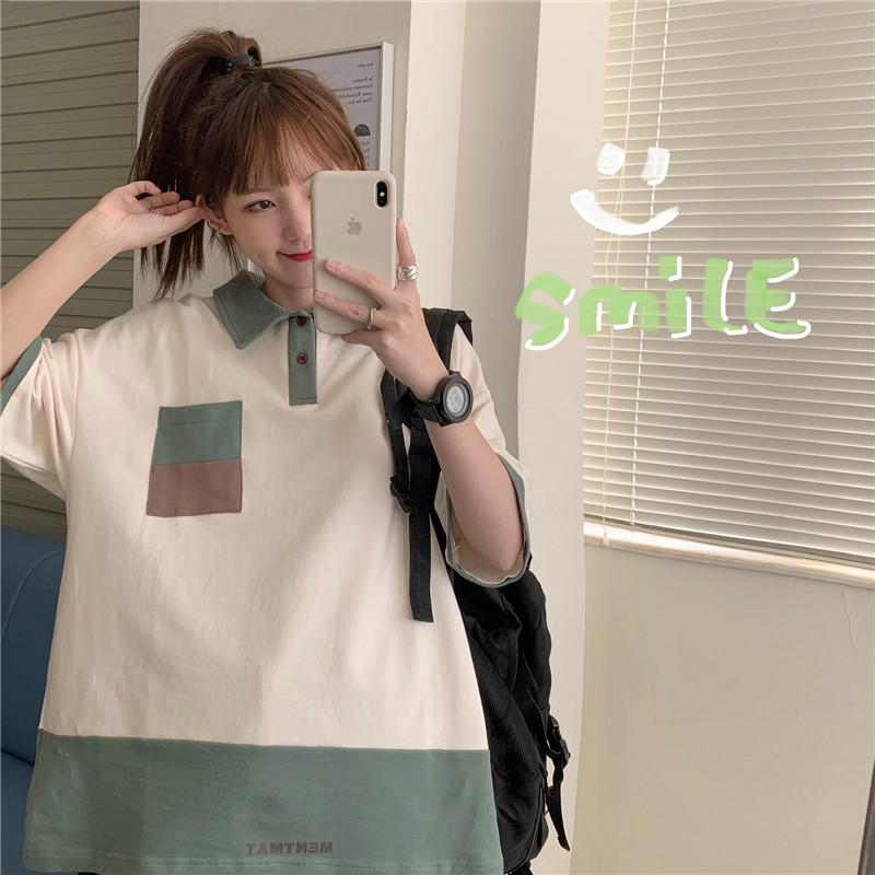 Real shooting Japanese simple and versatile color matching T-shirt basic short sleeve summer top