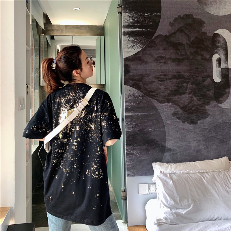 實拍 燙金星空短袖t恤女裝寬鬆夏裝港味設計感