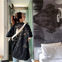 實拍 燙金星空短袖t恤女裝寬鬆夏裝港味設計感