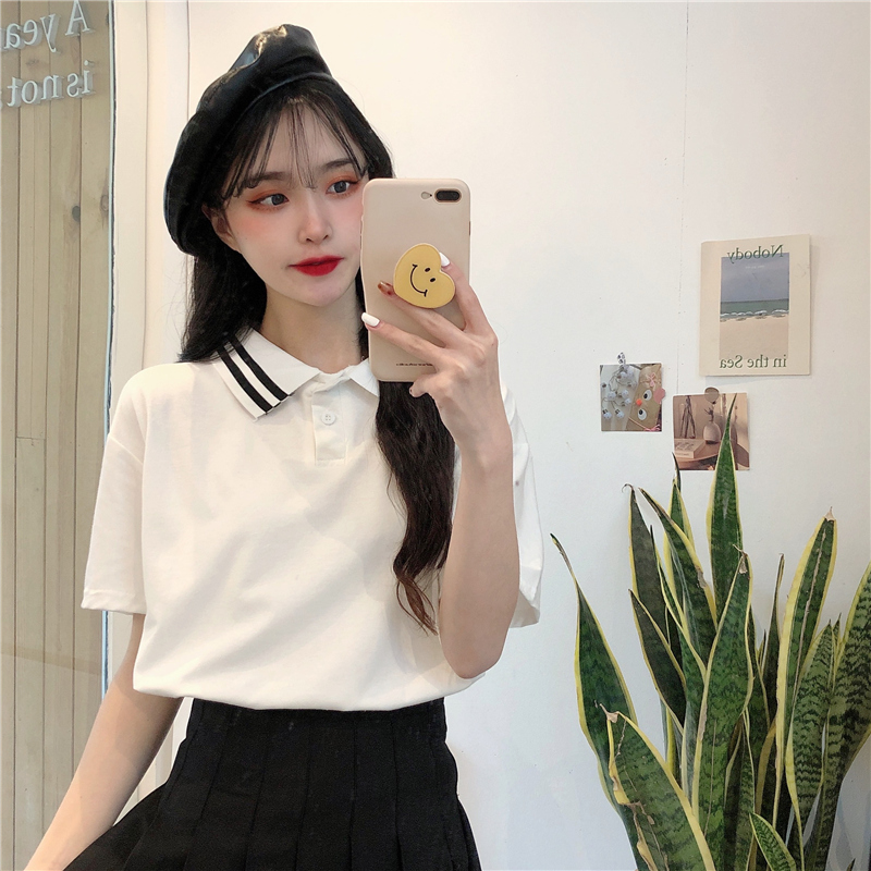 Real shot new striped short sleeve white T-shirt girl student Navy T-shirt