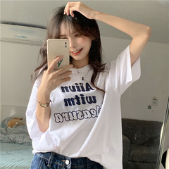 實拍白色恤女潮復古夏季新款韓版字母短袖上衣
