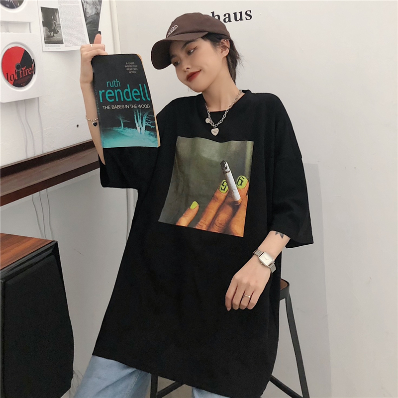 Real shot short sleeve T-shirt women's loose print medium and long original style