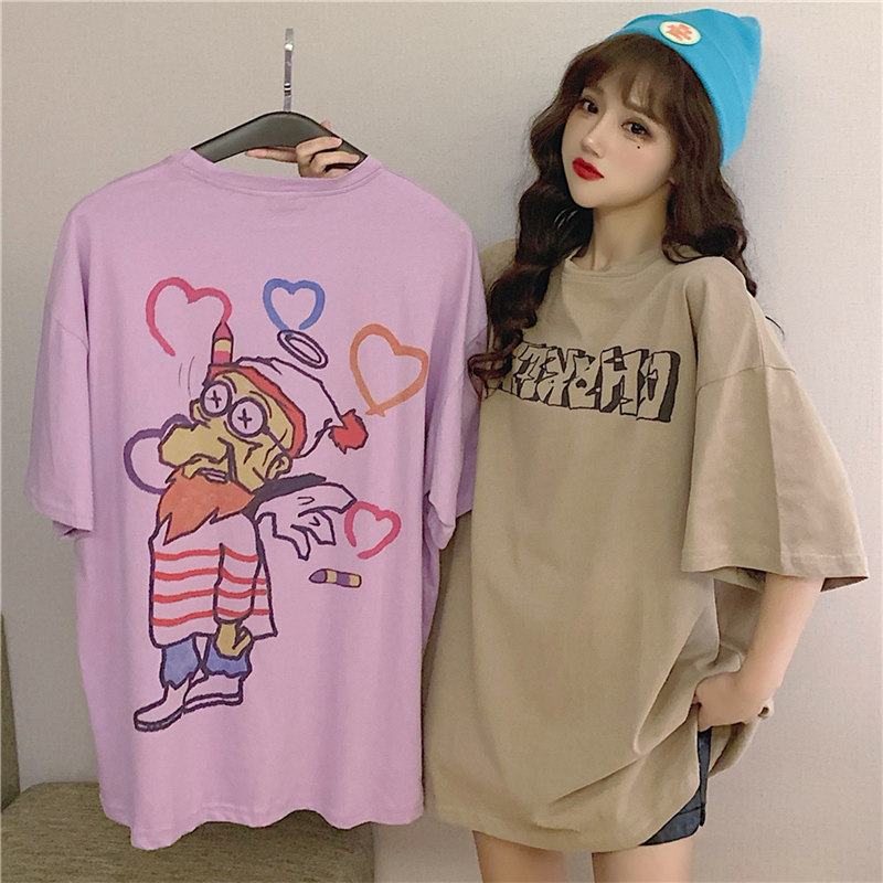 Real shot cotton Korean loose and lazy style long short sleeve T-shirt fashion