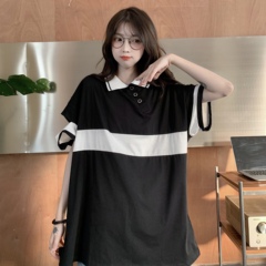 實拍 設計感拼接破洞寬鬆不規則Polo領短袖T恤衫學生