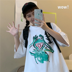 實拍 中長款寬鬆印花短袖t恤女