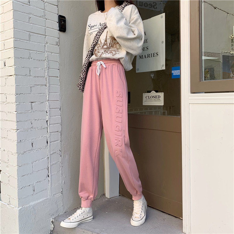 Real photo concave convex letter sports pants wide leg pants Harlem pants casual pants female