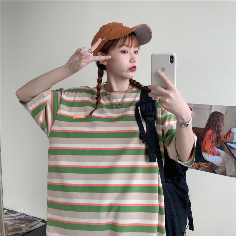 Real shot color matching stripe spring and summer new cotton short sleeve T-shirt women's medium length Hong Kong style top