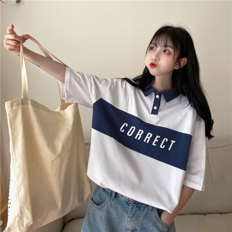 實拍新款拼接短袖恤女領個性寬鬆半袖上衣