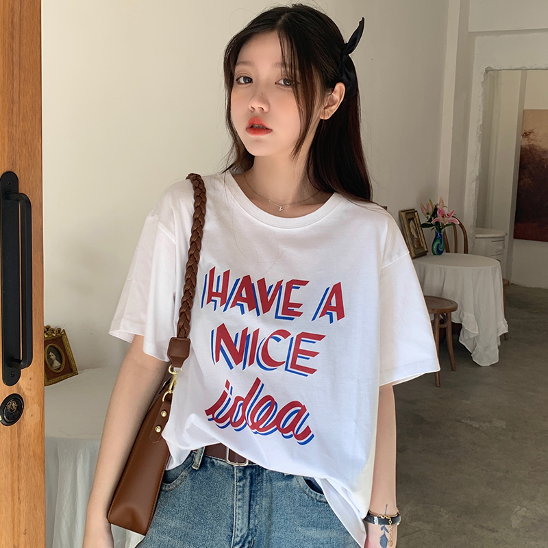 Real shot super fire new summer short sleeve t-shirt female Hong Kong style letter pure cotton