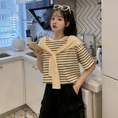 實拍超火條紋短袖恤女寬鬆韓版慵懶風假兩件上衣