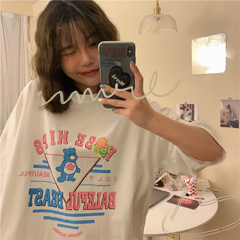 Real Korean girl's strength and playfulness bear print loose and versatile short sleeve T-shirt