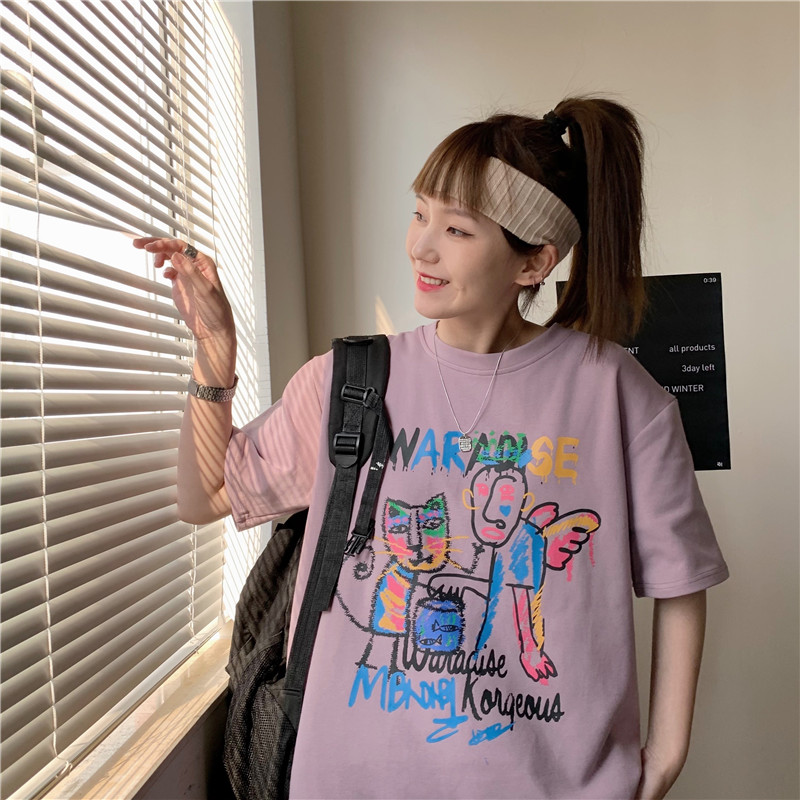 實拍韓版新款慵懶風寬鬆塗鴉印花純棉短袖T恤女