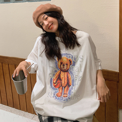 Real shot of summer Korean heavy industry hot stamping bear print short sleeve T-shirt