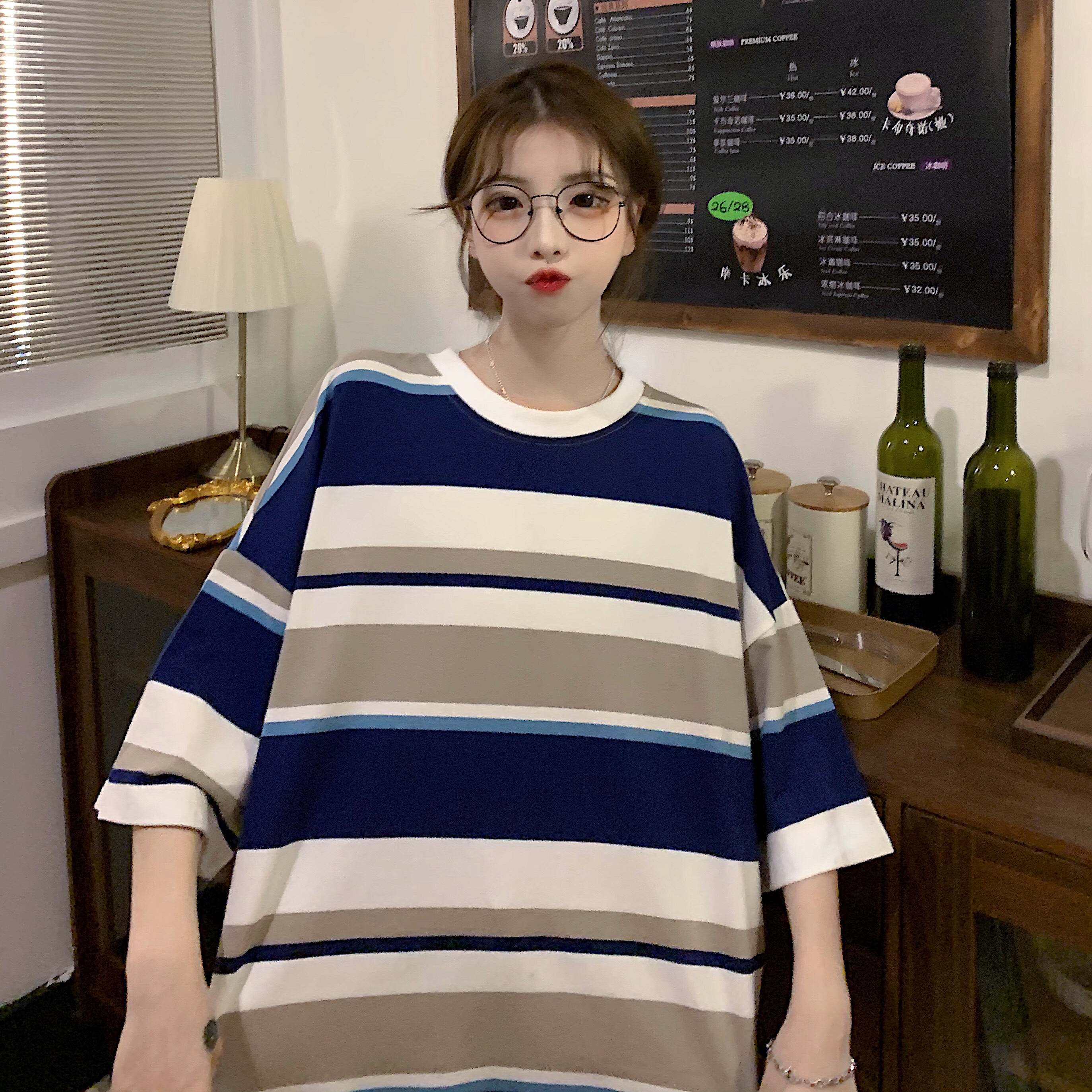 Real shot stripe loose short sleeve T-shirt style half sleeve top