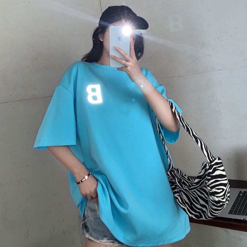 Photo reflective letter loose medium length short sleeve T-shirt