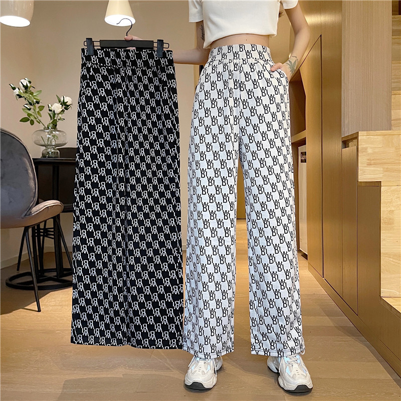 Real shot real shot High Waist Wide Leg Pants women show thin and drooping feeling letter straight pants loose and versatile floor dragging casual pants