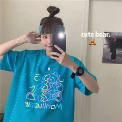 實拍韓版反光小熊恤純棉慵懶風寬鬆圓領短袖恤潮