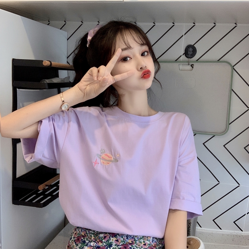 Real Korean embroidered loose short sleeve T-shirt