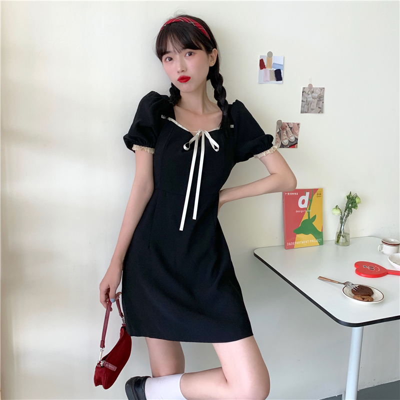 Real French retro sweet bow chiffon dress women's summer temperament gathered waist bubble sleeve word skirt