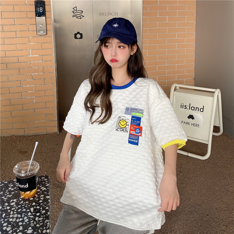 實拍春夏季韓版新款撞色格子短袖恤女