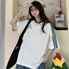 Real shot short sleeve t-shirt female collar loose letter print versatile creative top
