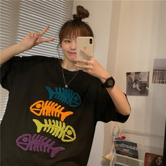 Real shooting versatile loose hip hop half sleeve cartoon flocked fish bone embroidery short sleeve shirt