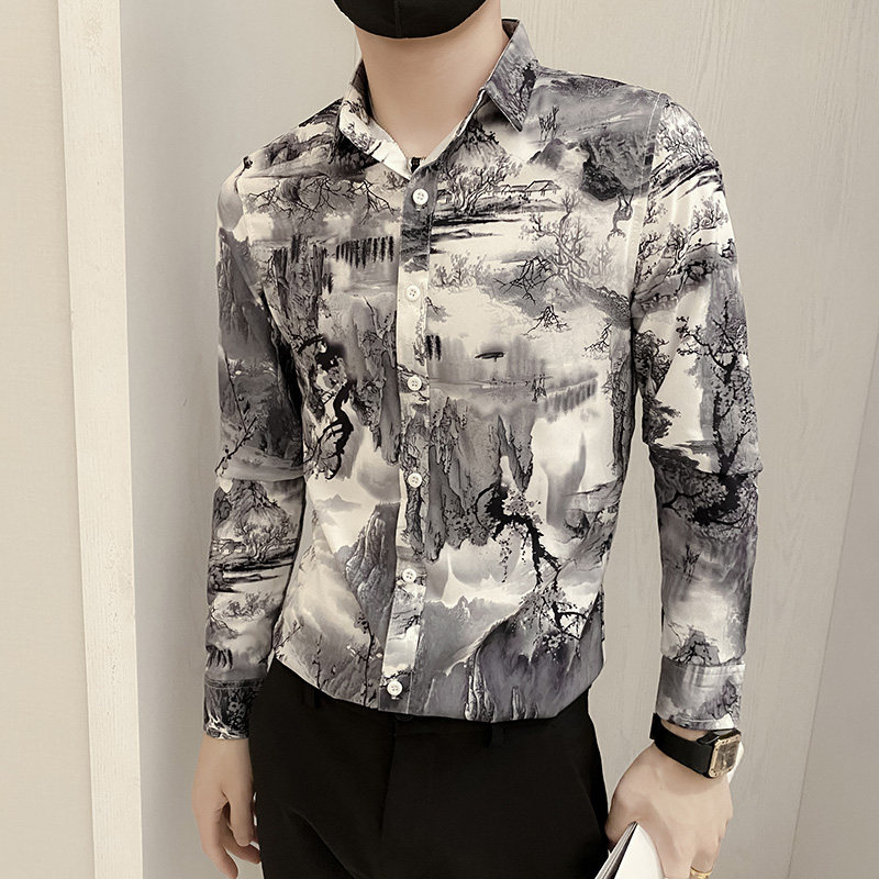 B302CS642021秋装山水画衬衫男士印花衬衣社会风,男装衬衫,电商B216（原B302）