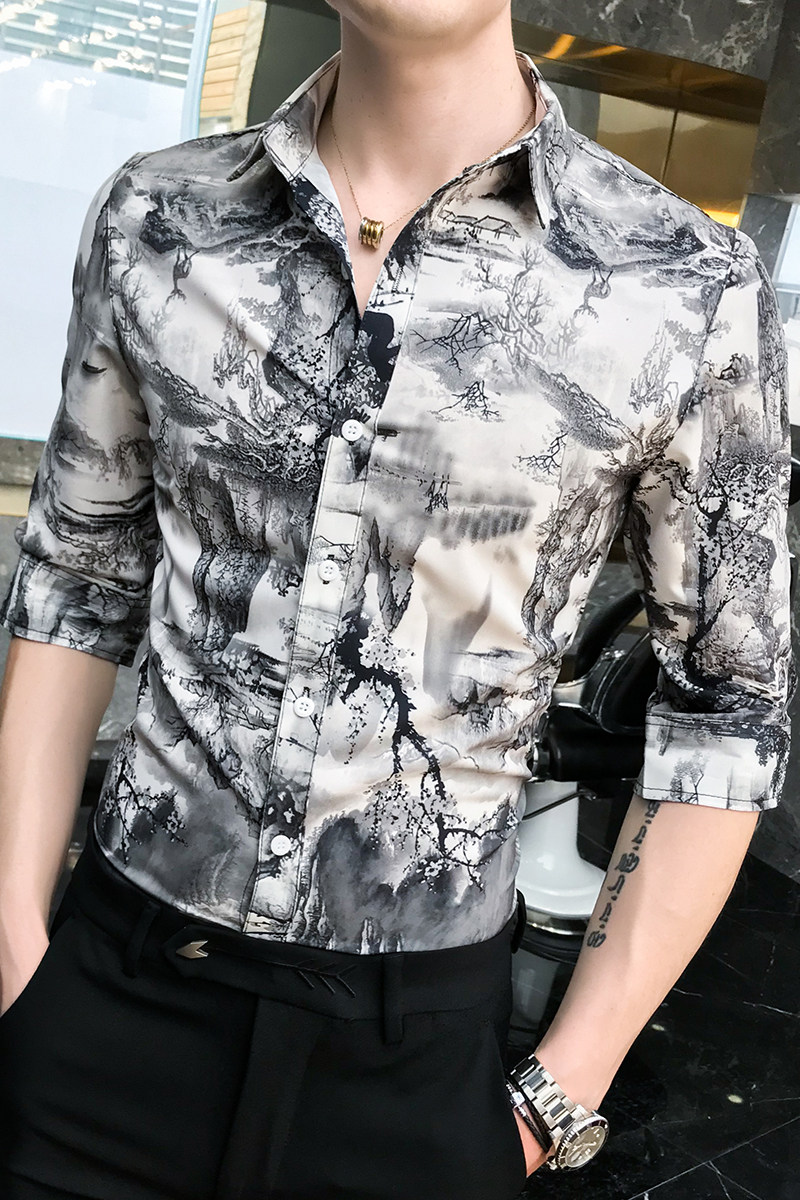 B302CS1452021夏装男士山水画男中袖衬衫潮店主风,男装衬衫,电商B216（原B302）
